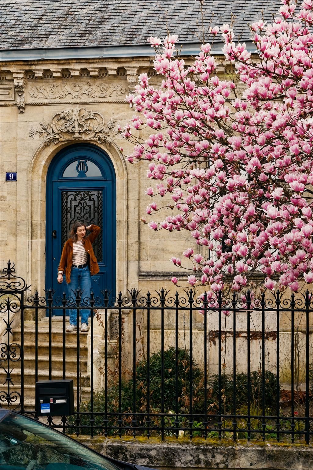 Stone townhouse with Romy standing at the blue front door behind a rusty iron gate, a tree in full pink blossom beside it