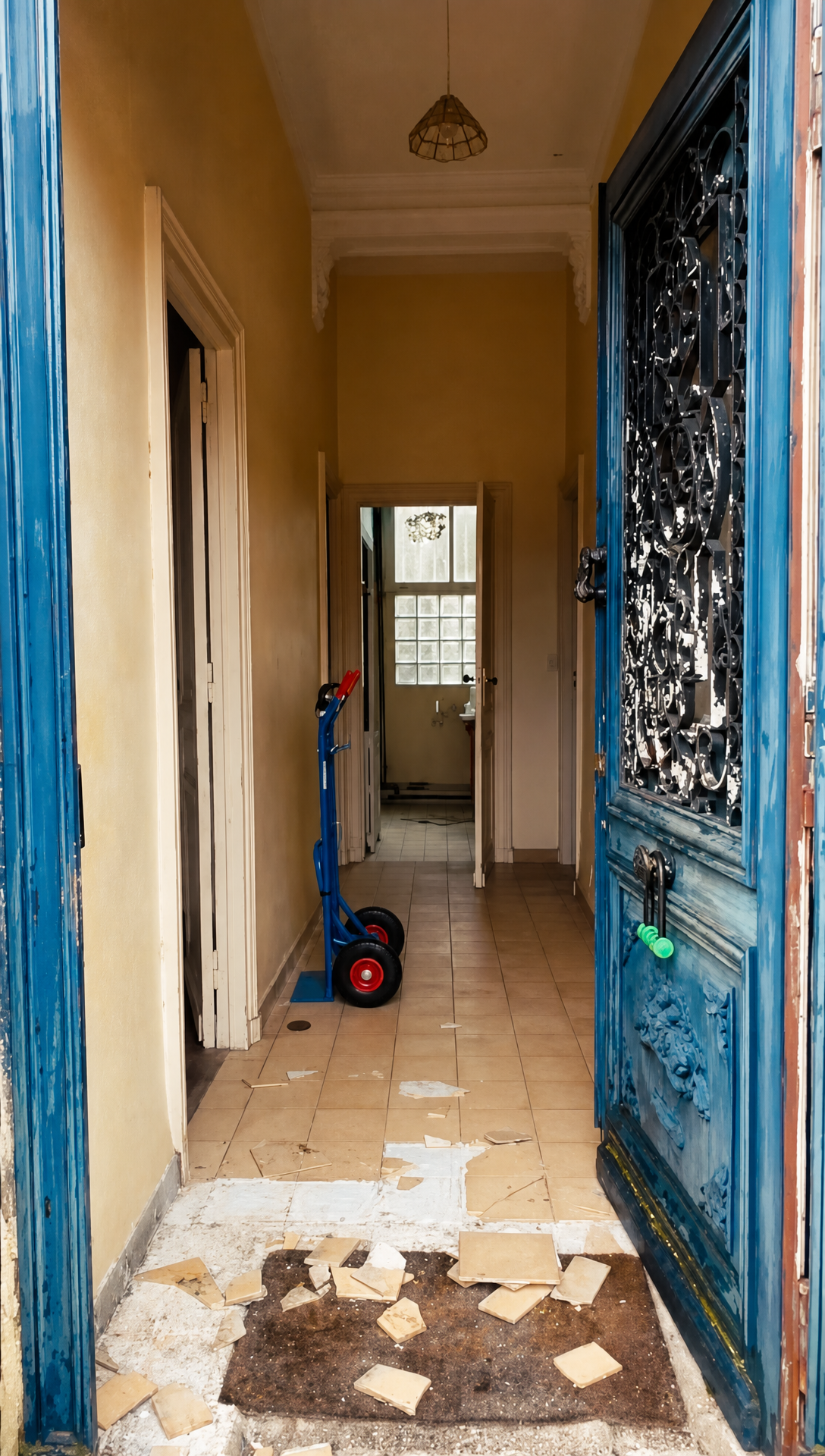 View through the open blue front door into the unrestored hallway with missing floor tiles