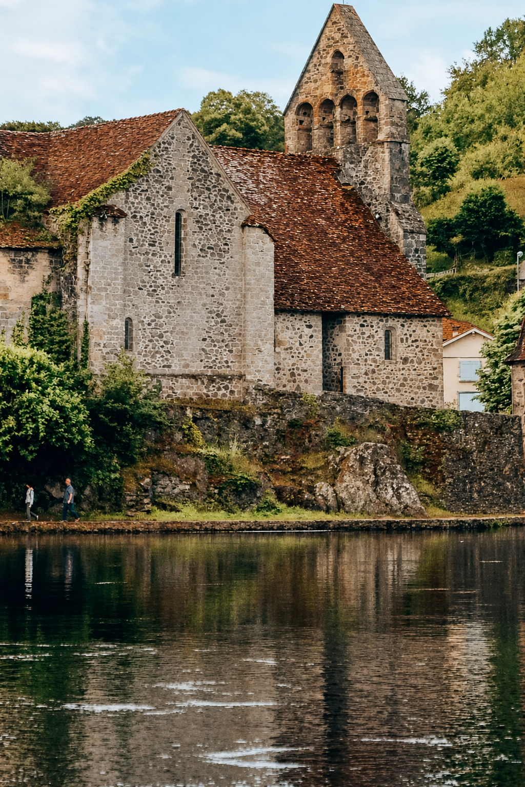 Old stone village with a church tower reflected in a calm river in the Dordogne