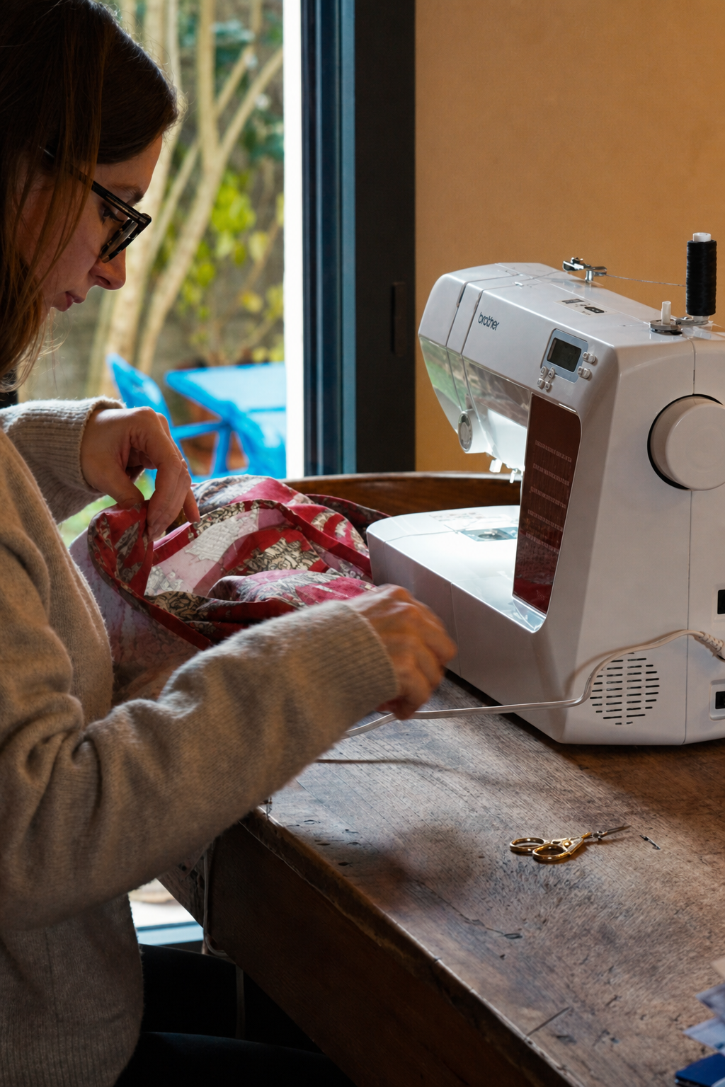 Romy working at her sewing machine in front of the window