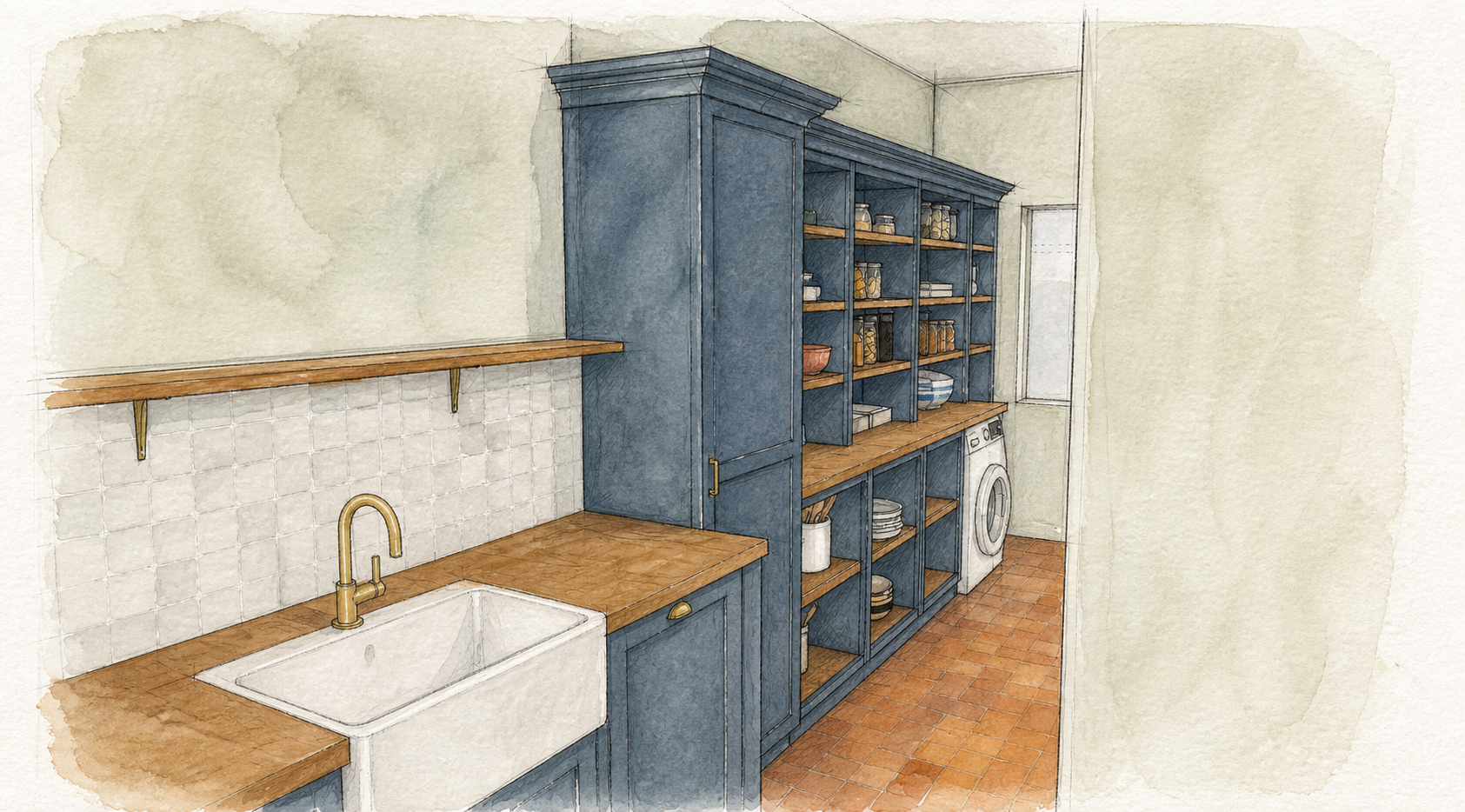 Watercolour perspective from the kitchen sink into the pantry, with the tall cupboard, open shelving and the washing machine beyond
