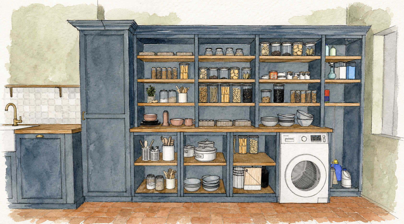Watercolour elevation of the pantry wall with a tall blue cupboard, open shelving bays over a wooden worktop and the washing machine at the far end