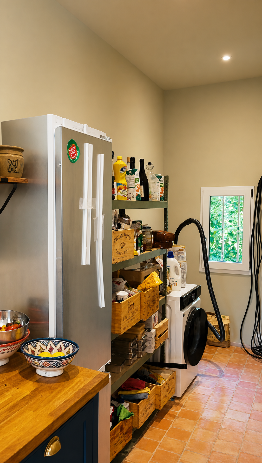 The pantry as it is today, with the fridge, green metal shelving stacked with food and the washing machine at the far end