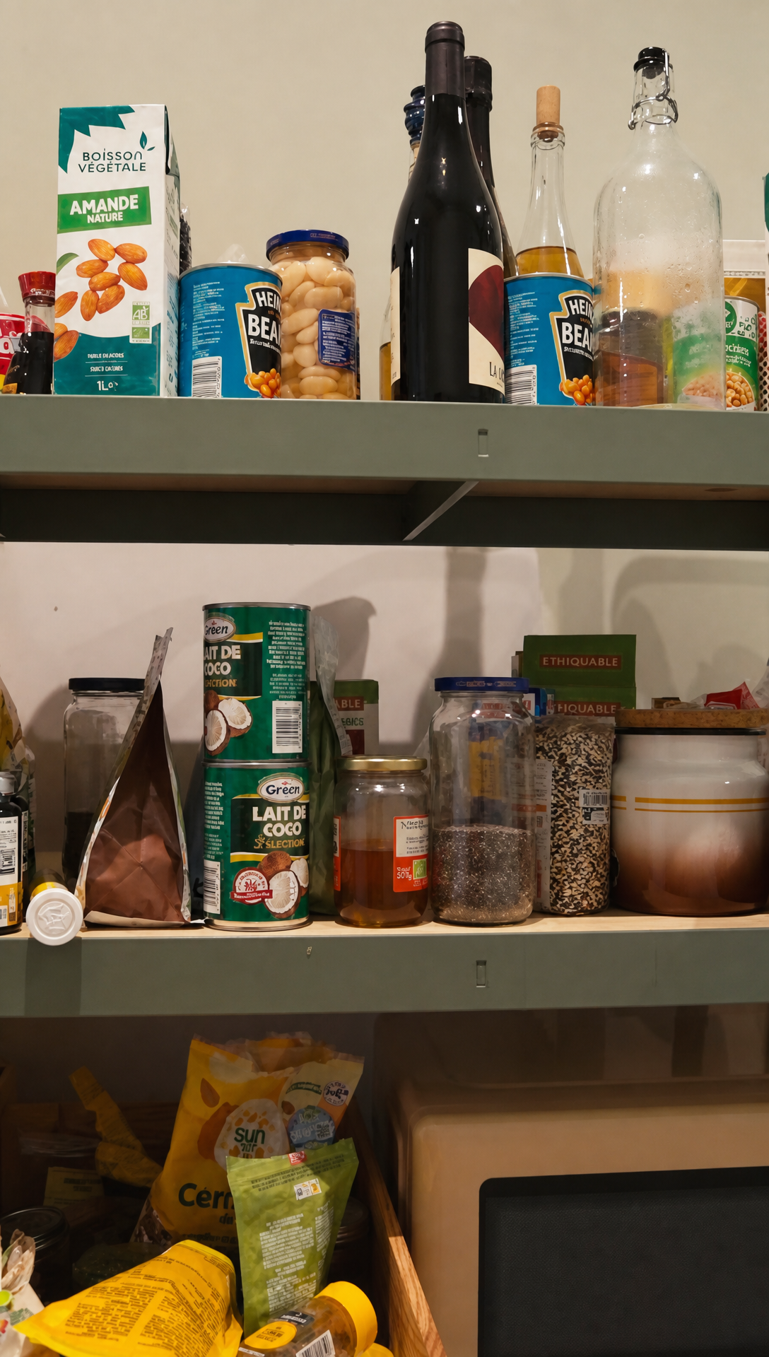 Close up of the pantry shelves crowded with jars, tins, bottles and dry goods