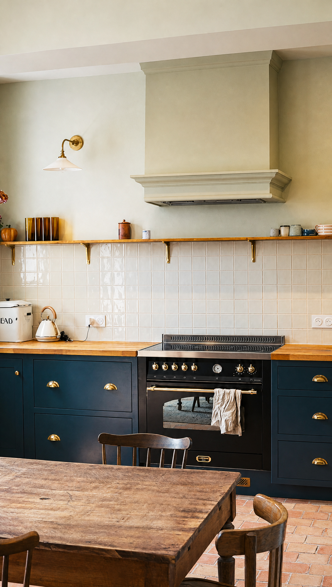 Design rendering of the kitchen with a hood surround above the range cooker painted in the same green as the walls
