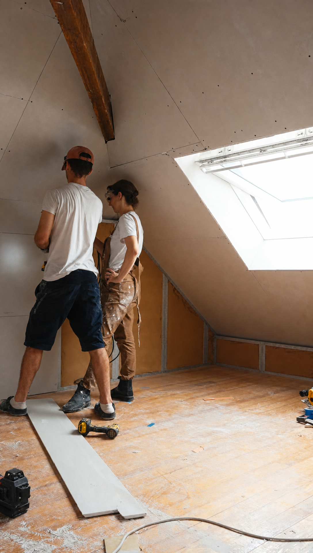Hugo and Romy fitting plasterboard to the attic bedroom wall beside the roof window