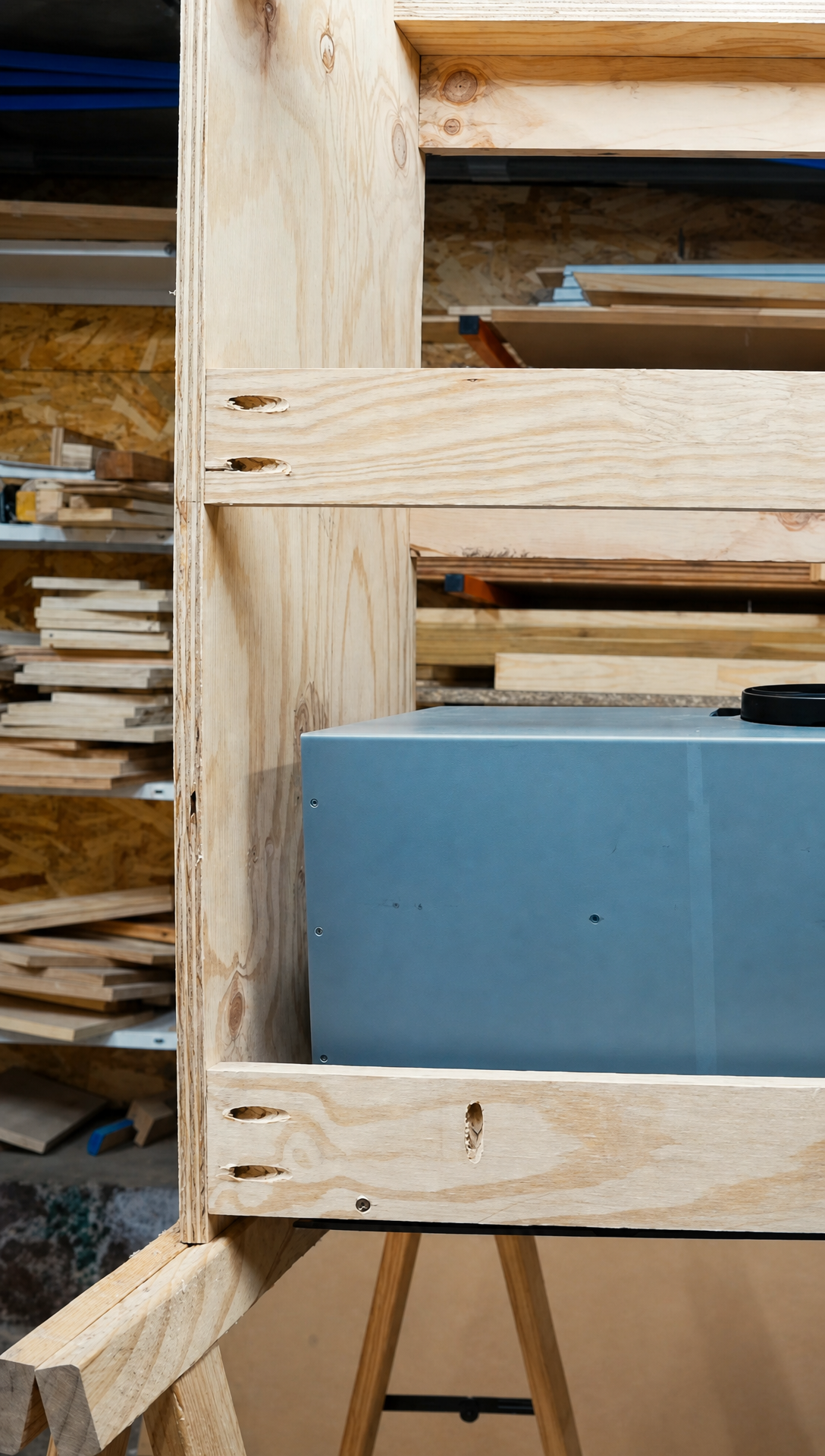 The stainless steel extractor unit sitting inside the assembled plywood frame in the workshop