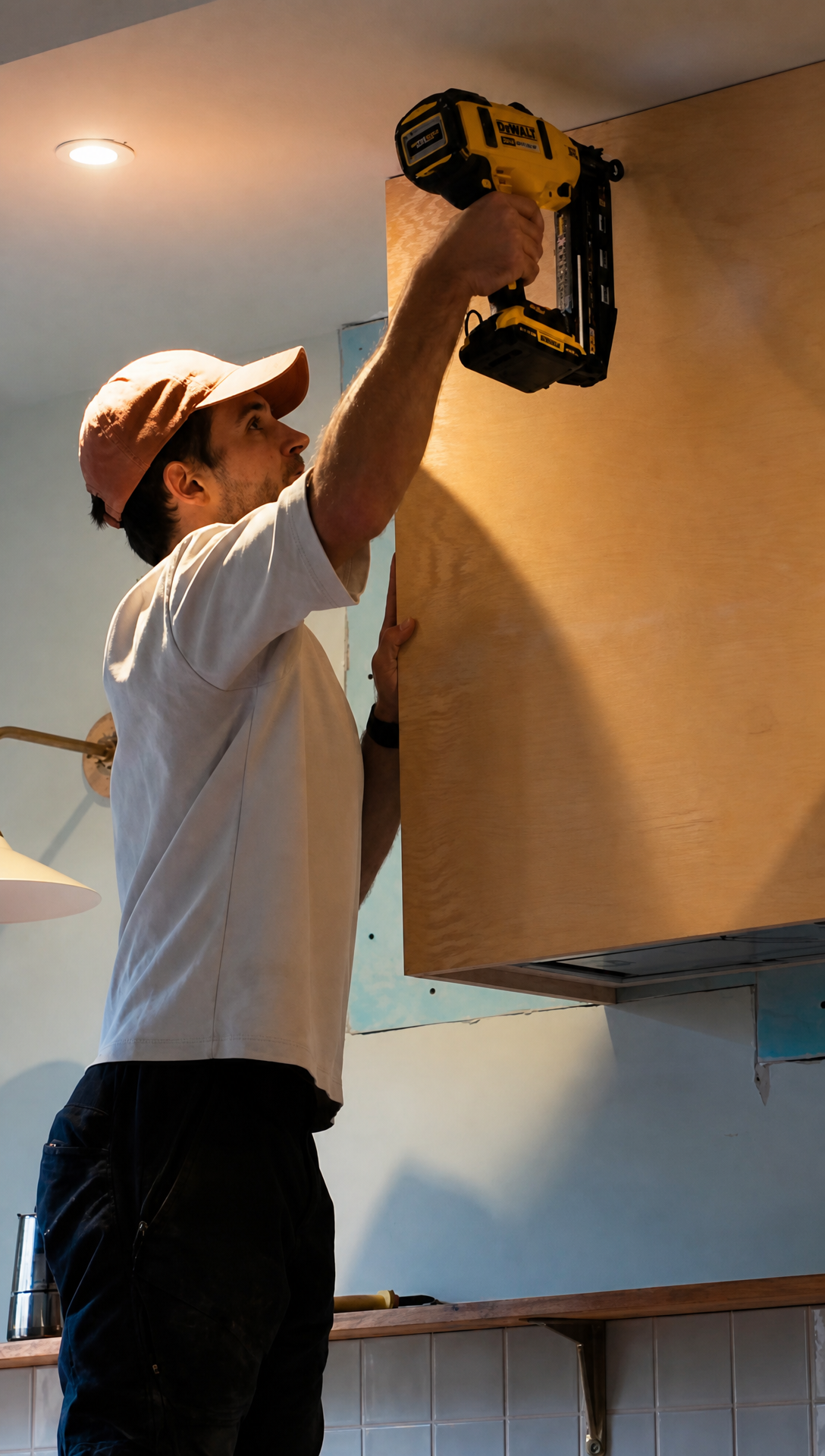 Hugo fixing a plywood cladding panel onto the hood frame with a brad nailer