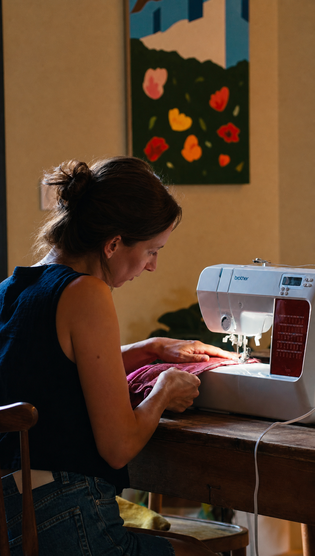 Romy at the sewing machine making new covers for the cat tree platforms