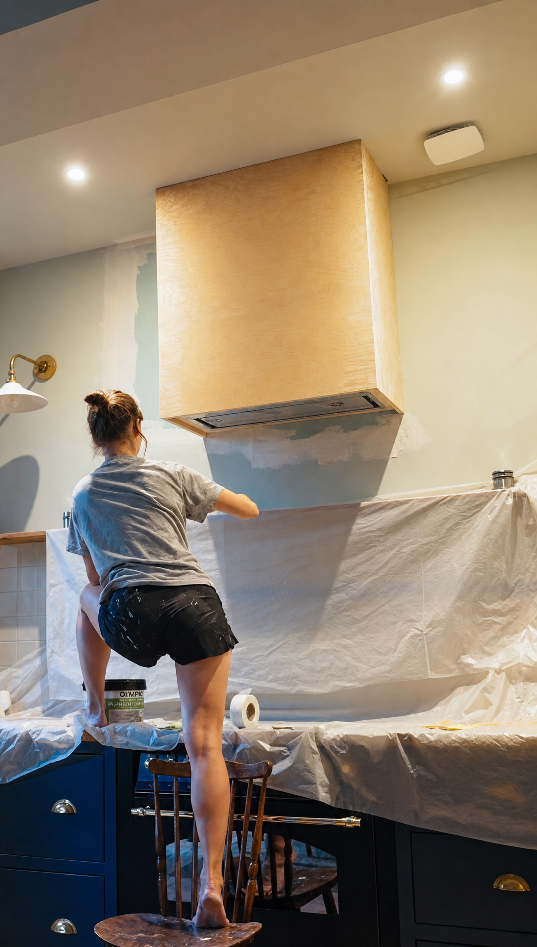 Romy working beneath the clad plywood hood above the range, the kitchen sheeted in plastic