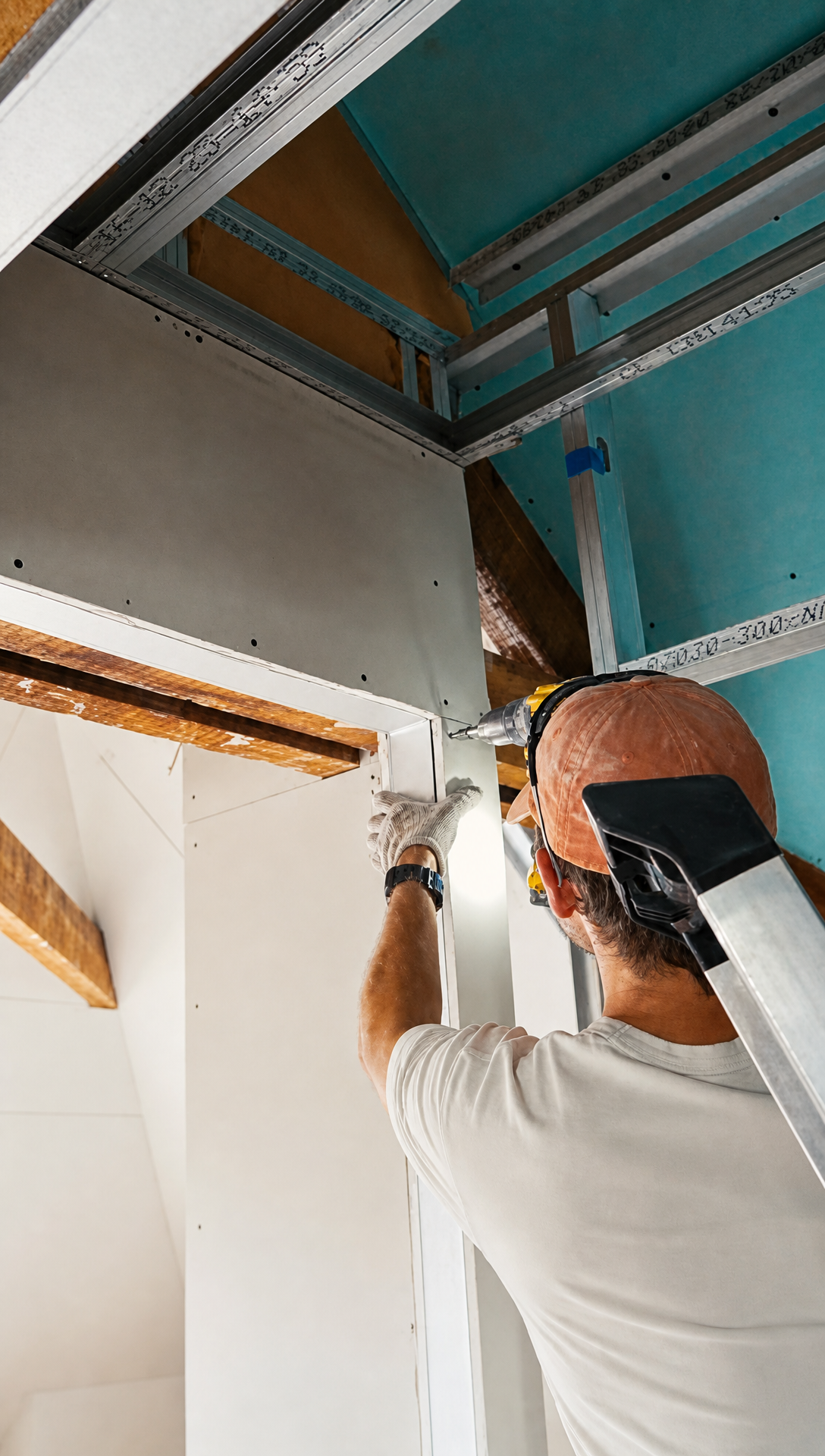 Hugo drilling plasterboard onto the metal stud frame of an attic doorway