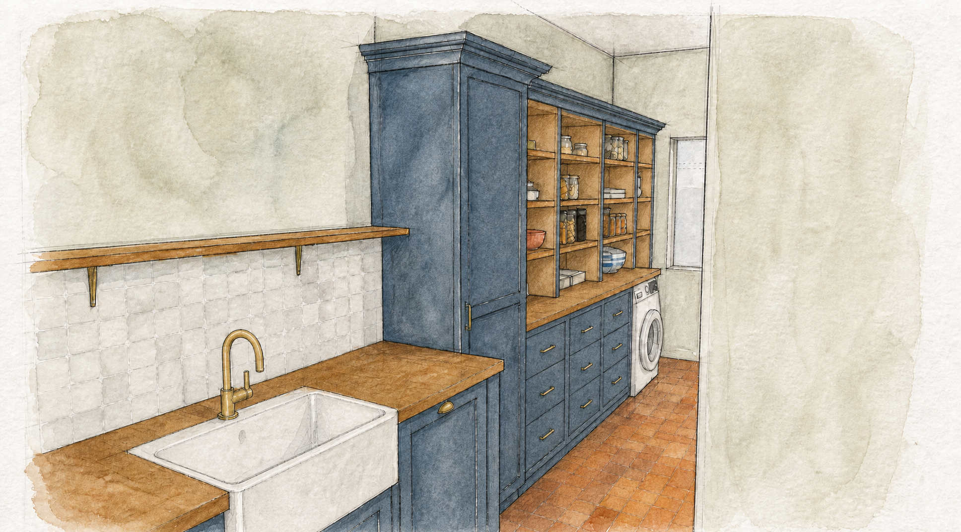 Watercolour perspective looking along the pantry corridor with drawers, oak shelving interiors and the worktop running down one wall