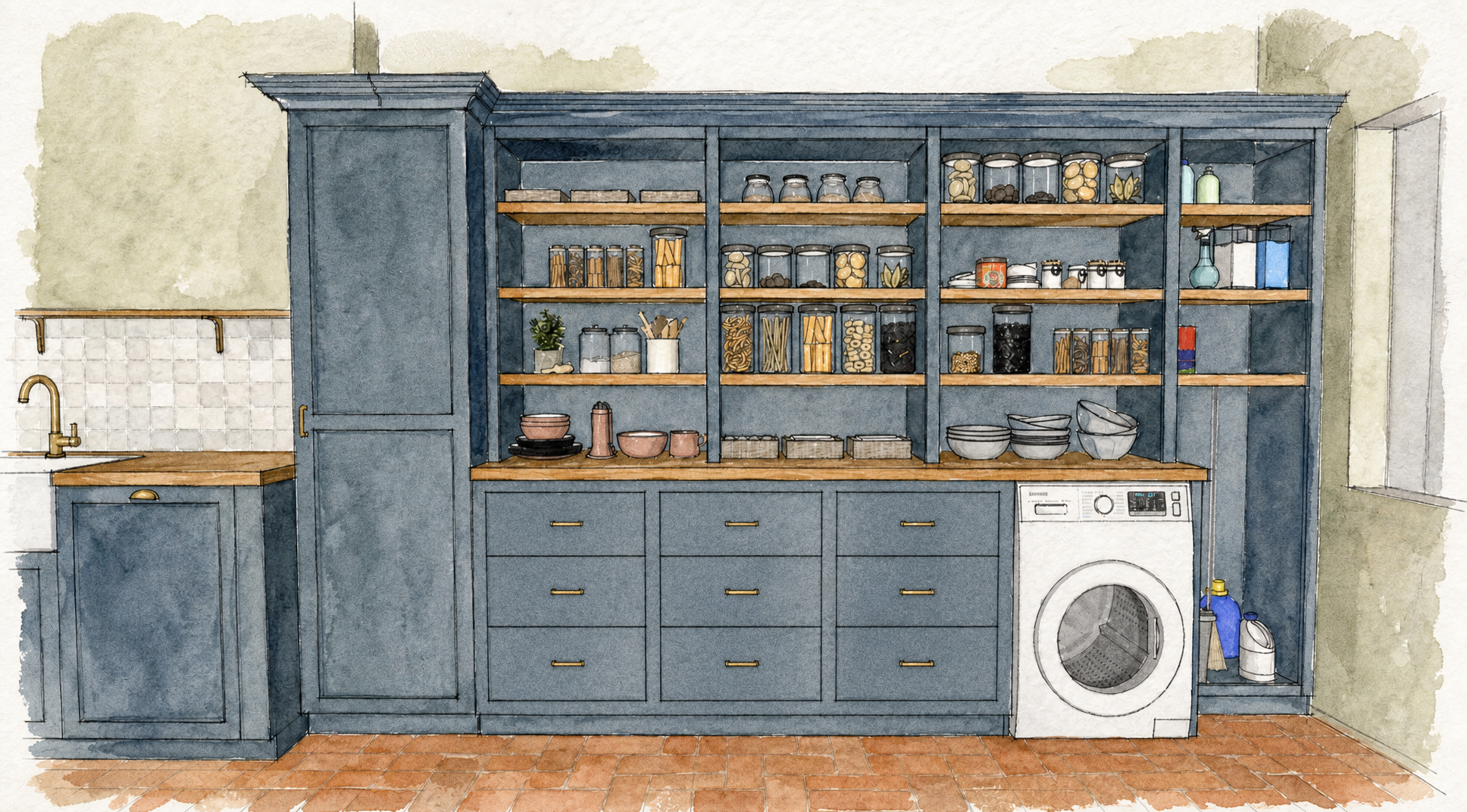 Watercolour elevation of the revised pantry design with banks of deep drawers under the worktop and open shelving above