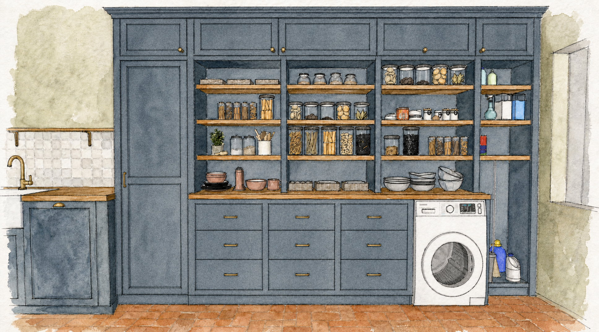 Watercolour elevation of the pantry design with cabinets continuing all the way up to the ceiling above the open shelving