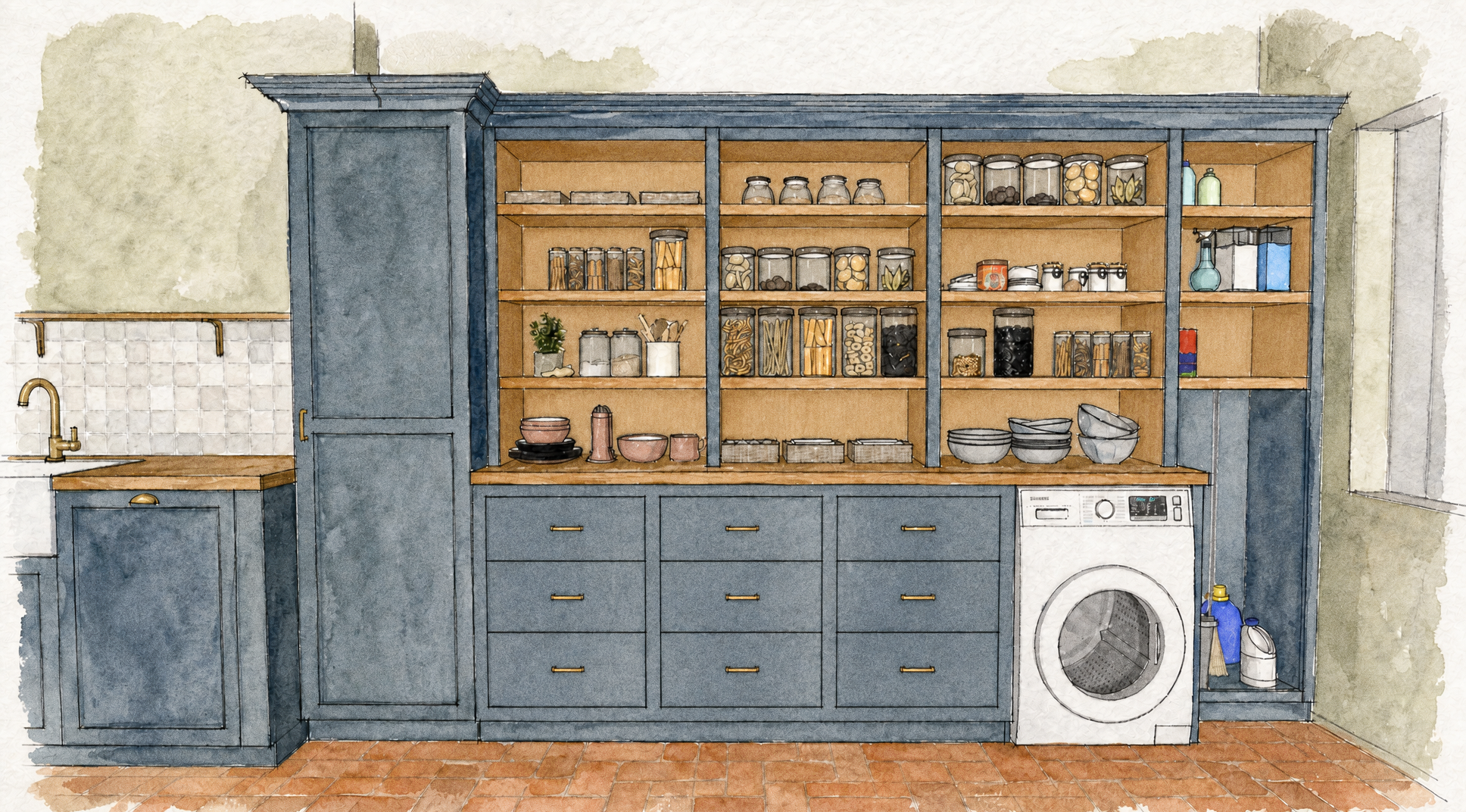 Watercolour elevation of the pantry design with the open shelving interiors finished in light oak inside blue face frames