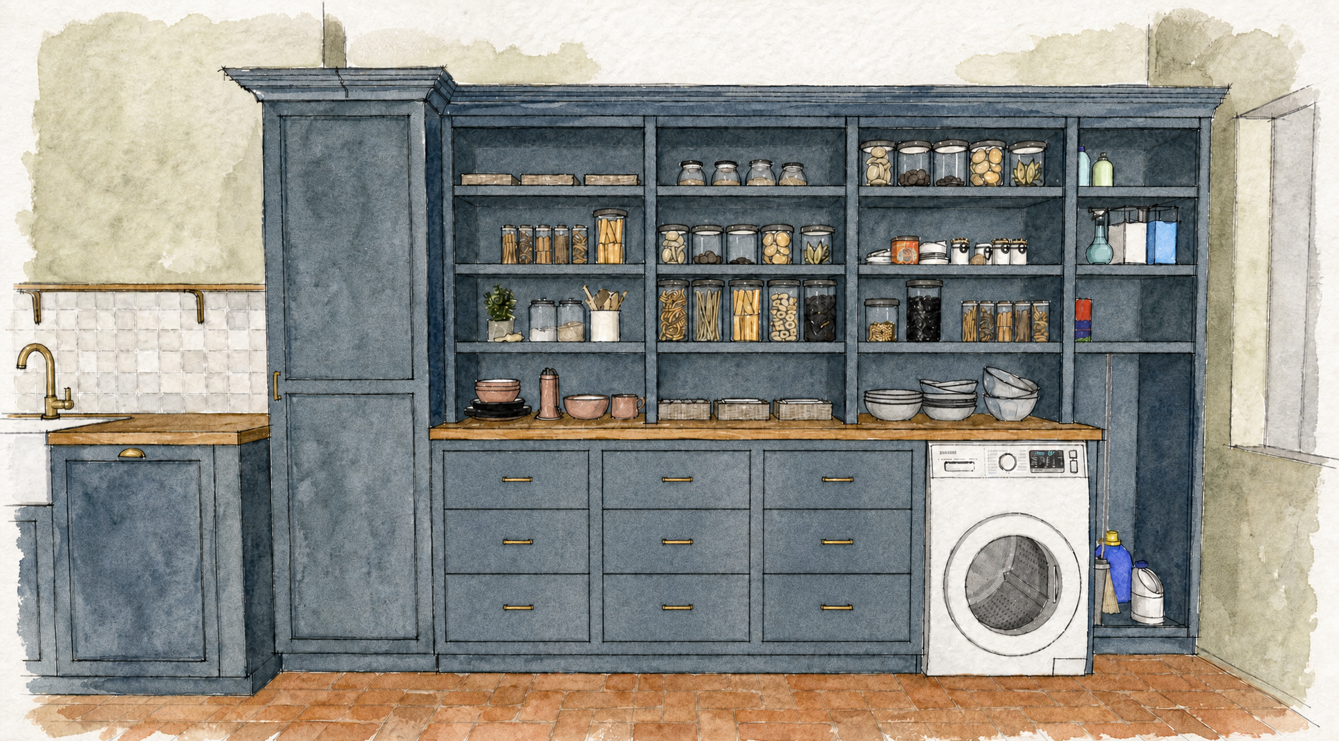 Watercolour elevation of the pantry design with the open shelving painted blue inside and out