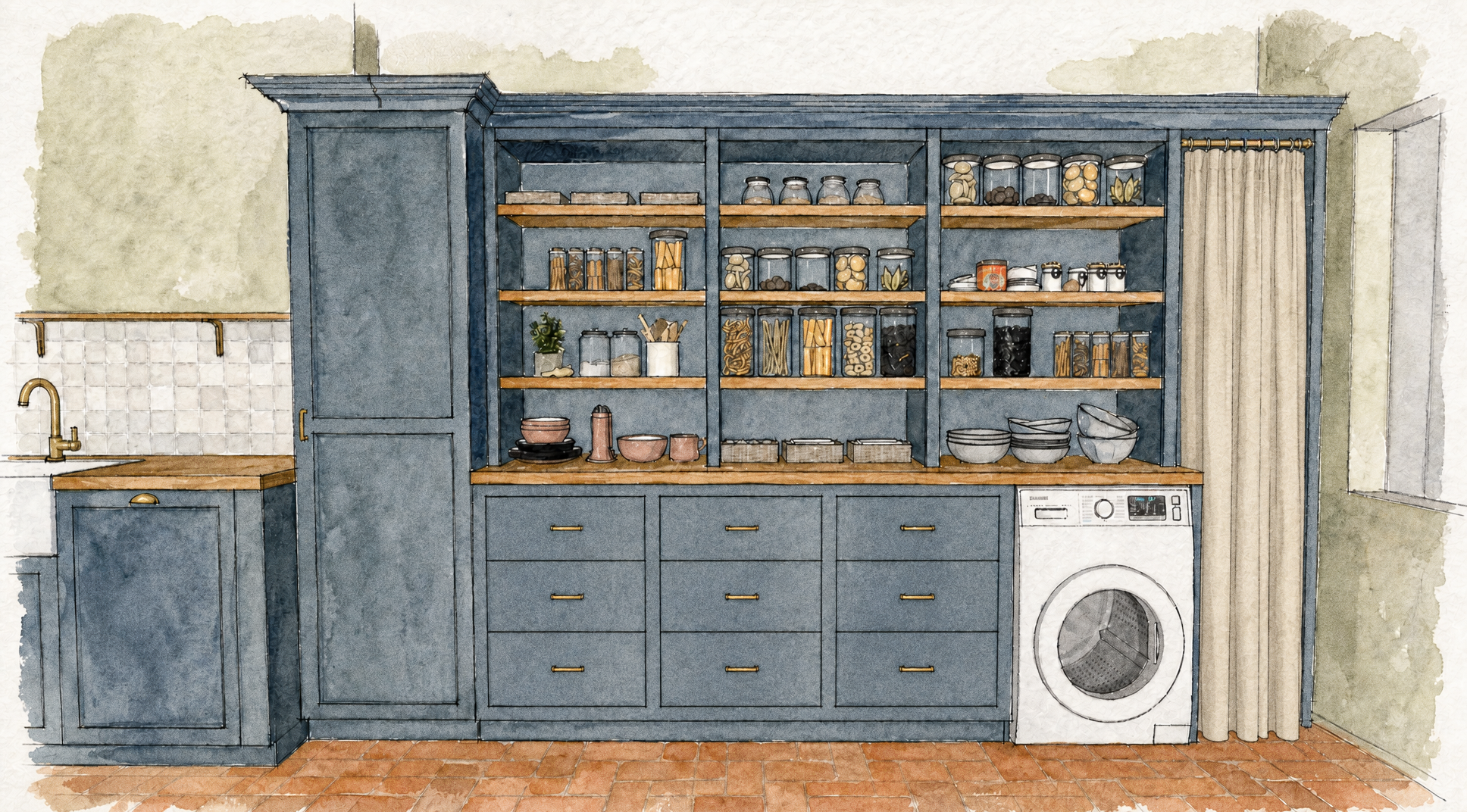 Watercolour elevation of the pantry design with a fabric curtain screening the utility bay beside the washing machine