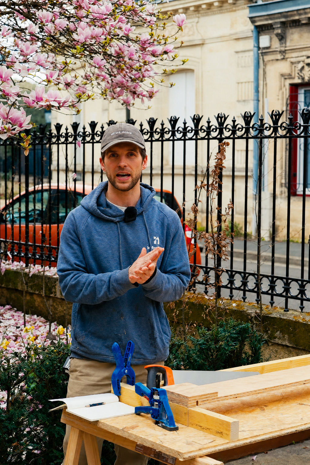 Hugo at the homemade cutting jig in the front garden with the magnolia in bloom behind