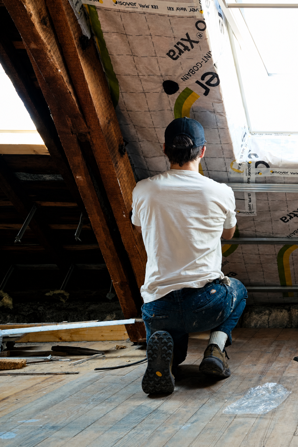 Hugo fitting the breathable membrane and metal railings around a roof window in the attic