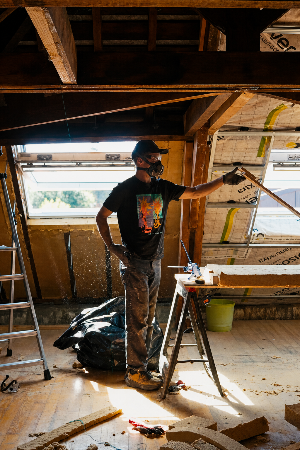 Hugo in a respirator at the cutting bench in the attic, wood fibre batts and membrane behind him