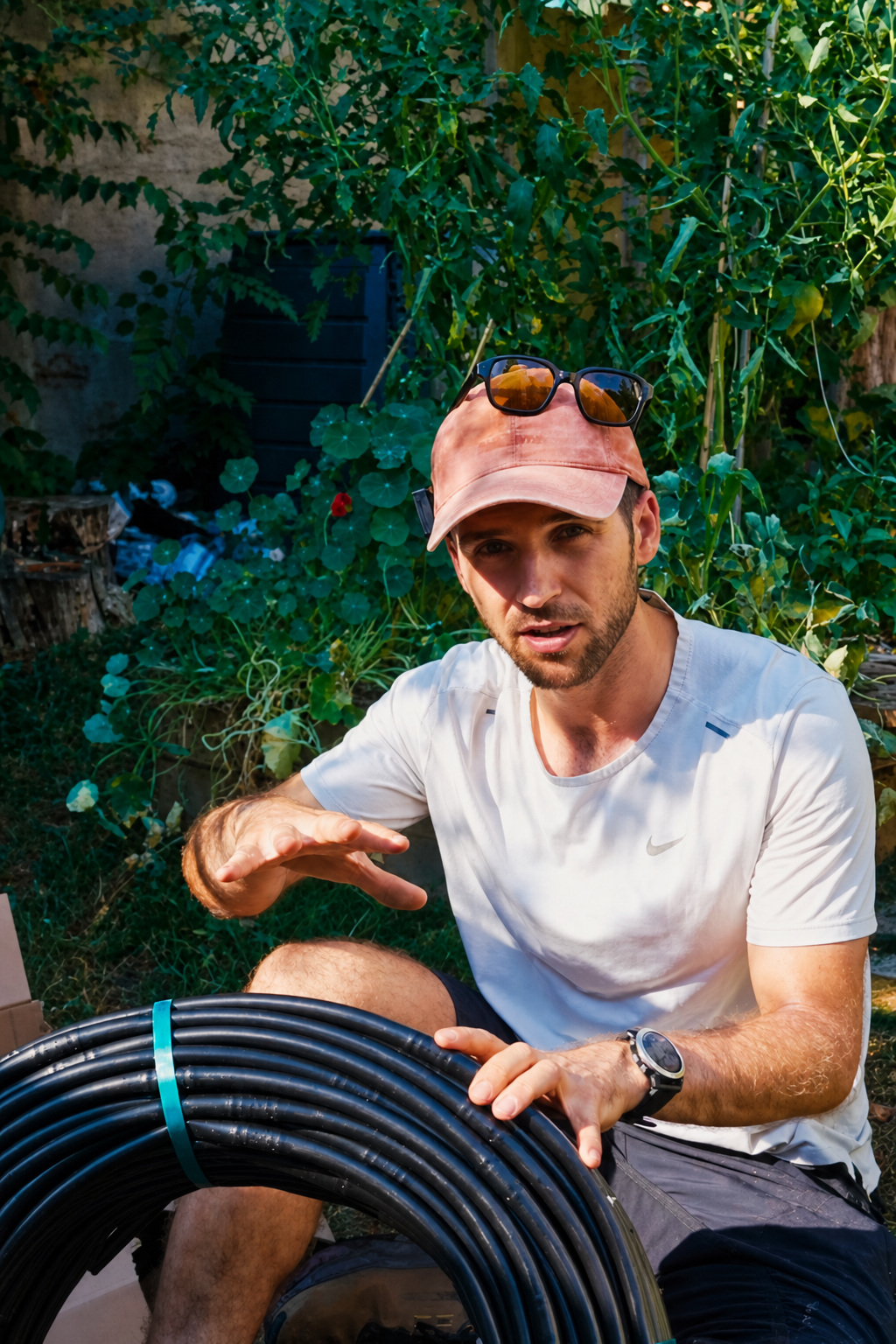 Hugo sitting in the garden with a large coil of irrigation tubing