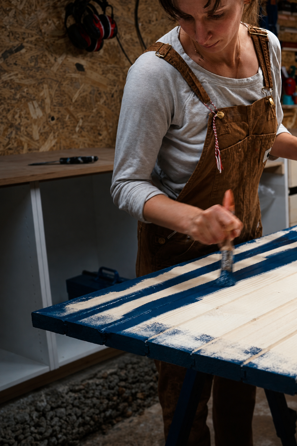 Romy in overalls brushing paint onto the new plank door laid across trestles in the workshop