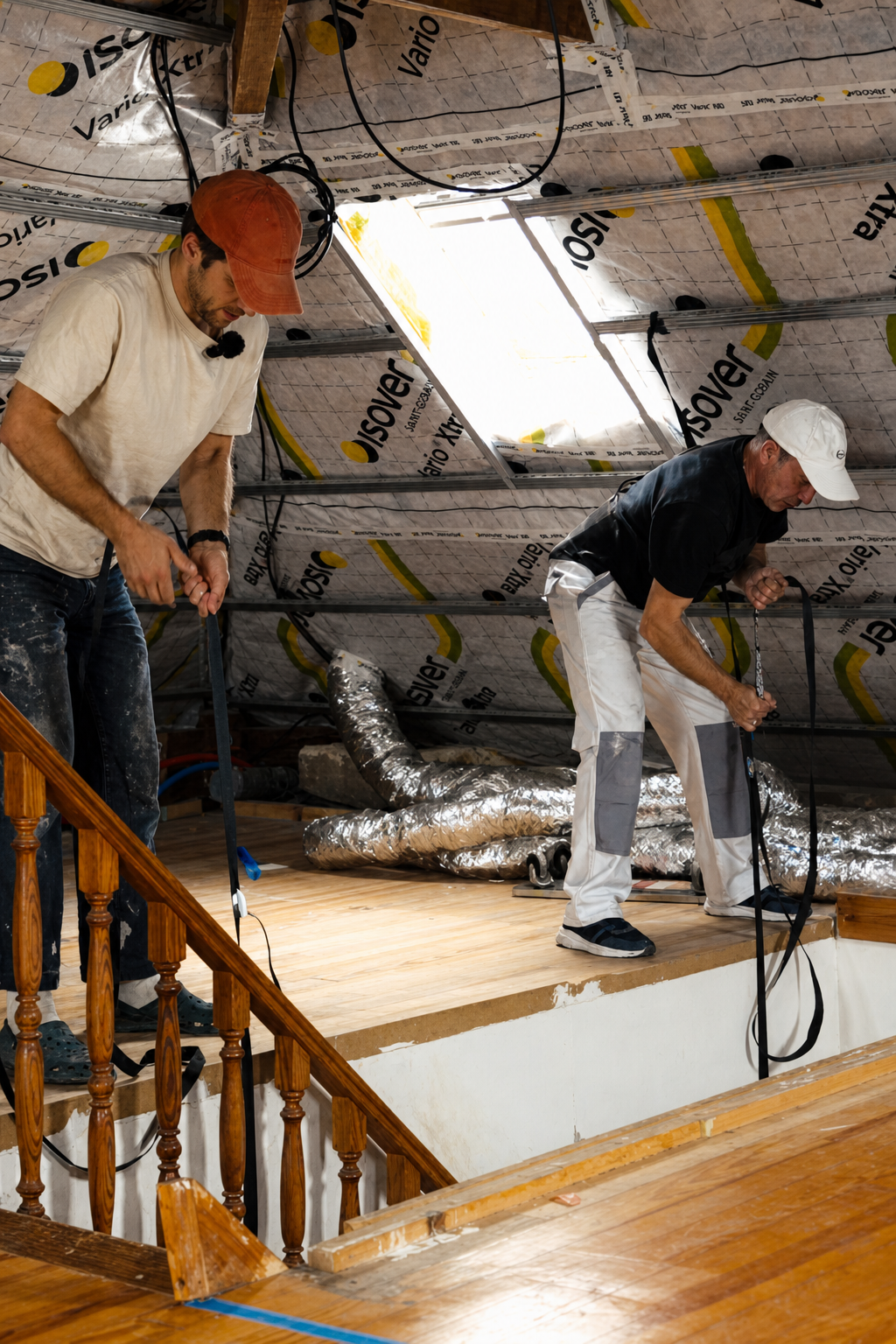 Two people hauling a plasterboard sheet up through the gap beside the staircase using straps