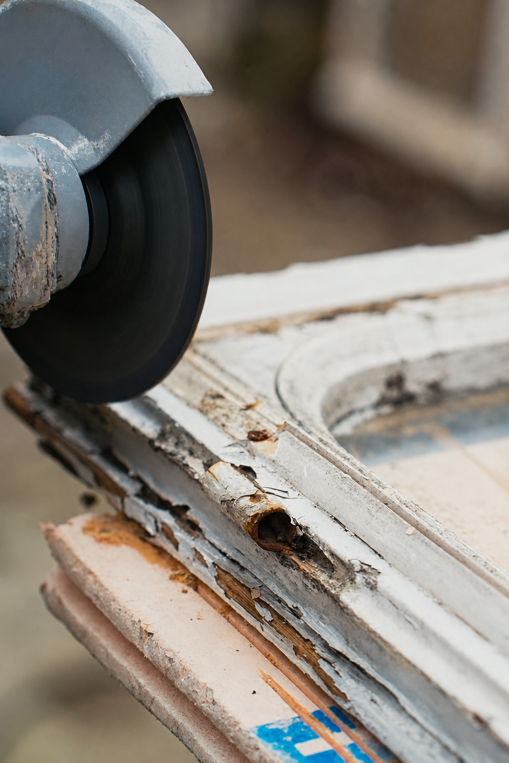 An angle grinder stripping old paint from the edge of a reclaimed window frame