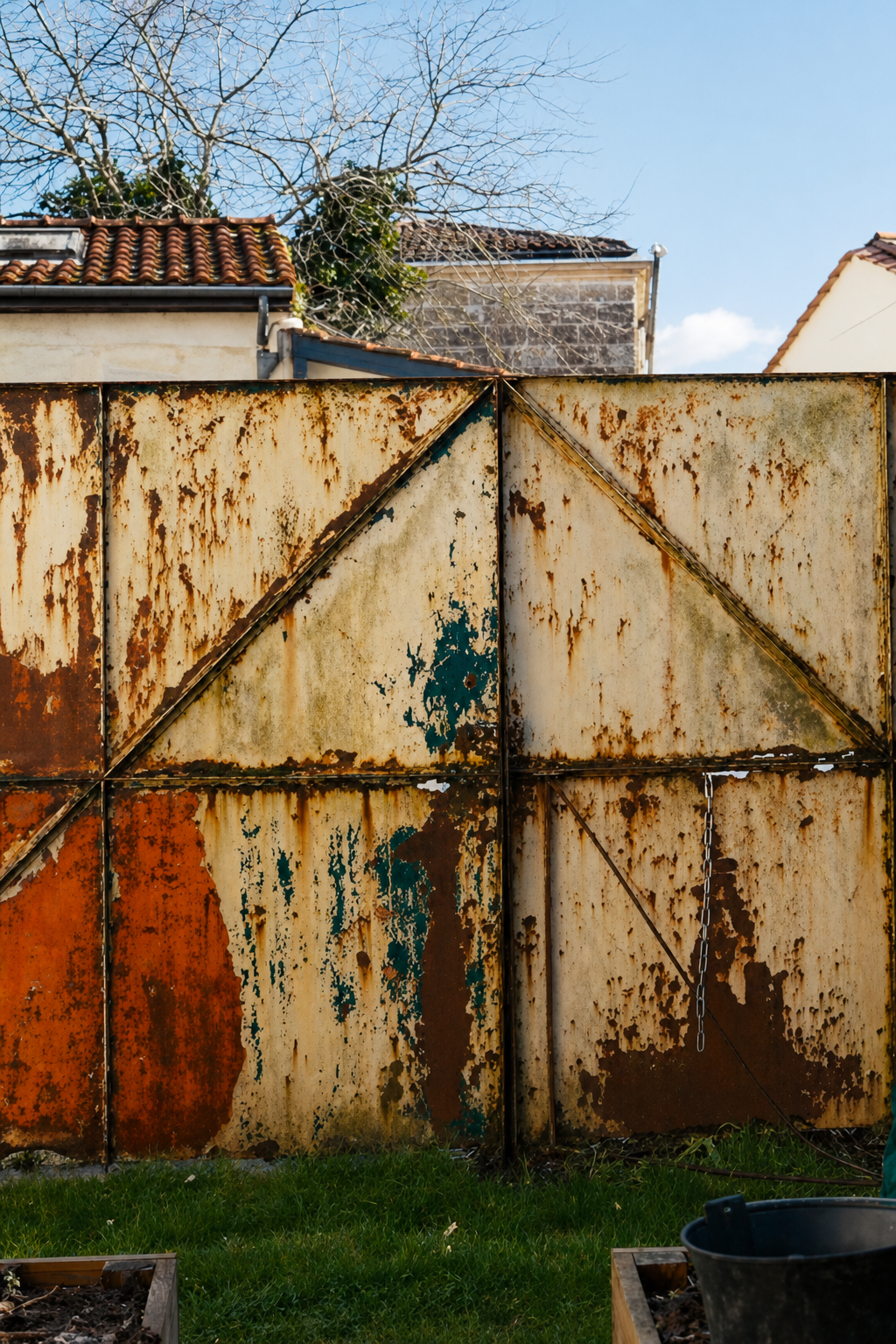 The old garden gate before restoration, covered in rust and flaking white paint