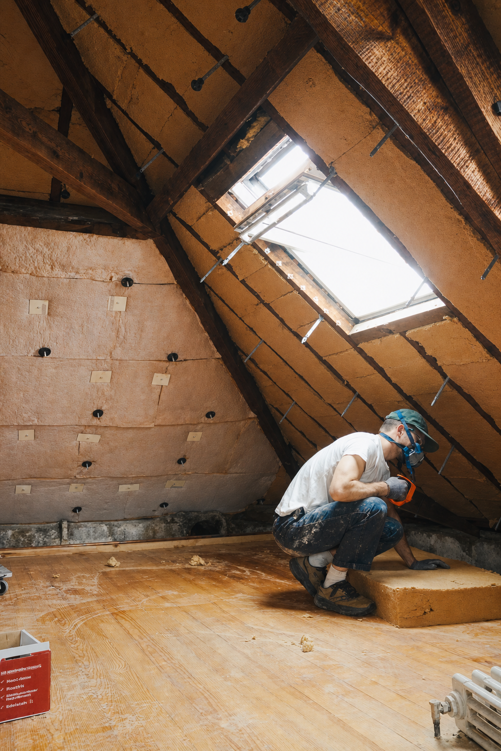Trimming a thick wood fibre batt on the attic floor beneath the skylight, insulated walls all around