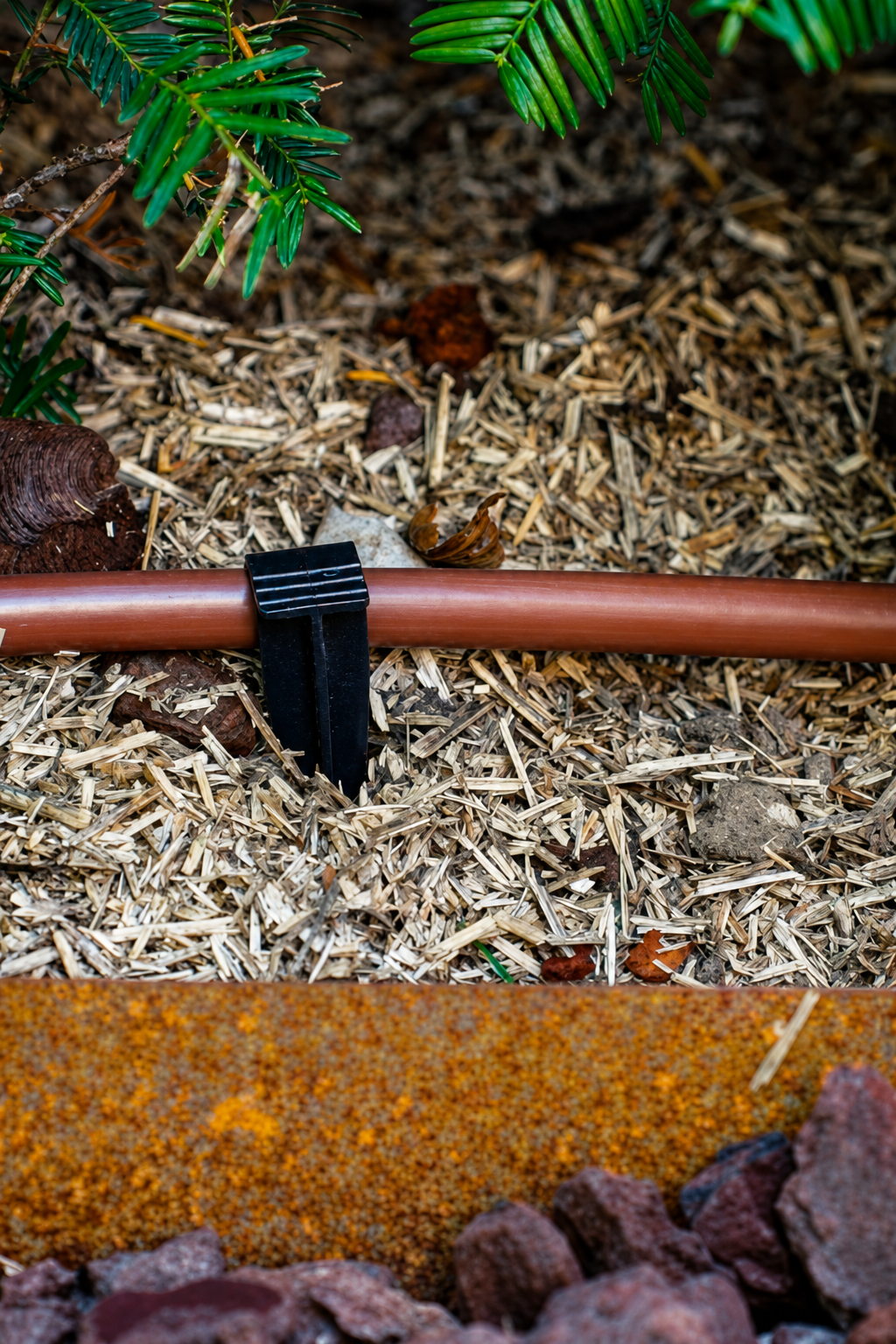 Brown drip irrigation line running through a mulched flower bed