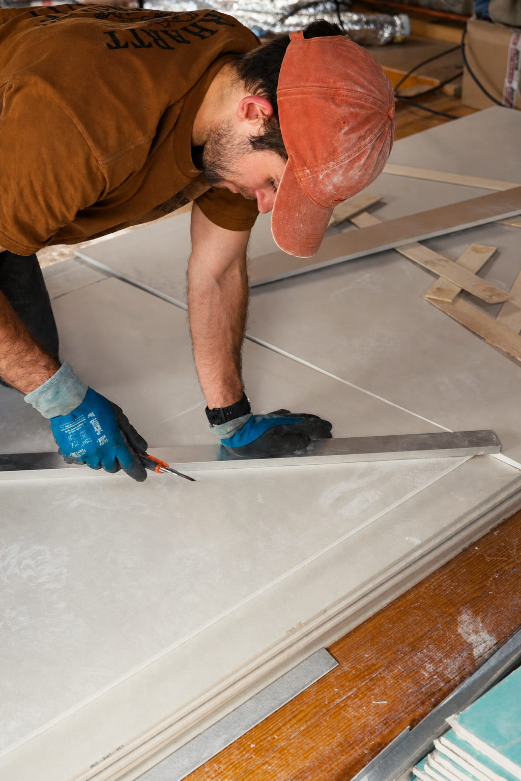 Cutting a plasterboard sheet on the attic floor with a saw and straightedge
