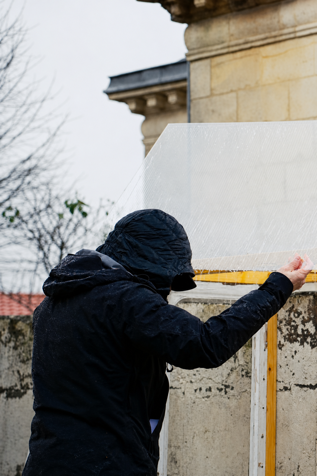 Hugo lifting a white roof panel onto the yellow timber frame of the lean-to greenhouse against the stone garden wall