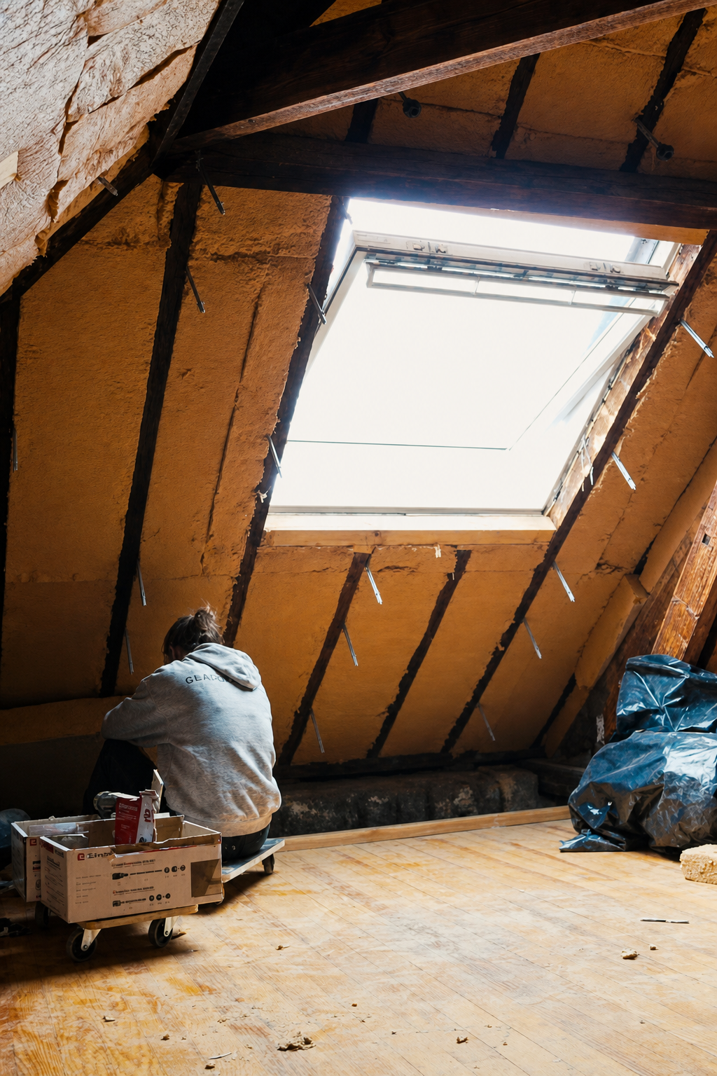 The attic roof lined with wood fibre insulation, sunlight falling through the skylight while Romy works at the far wall