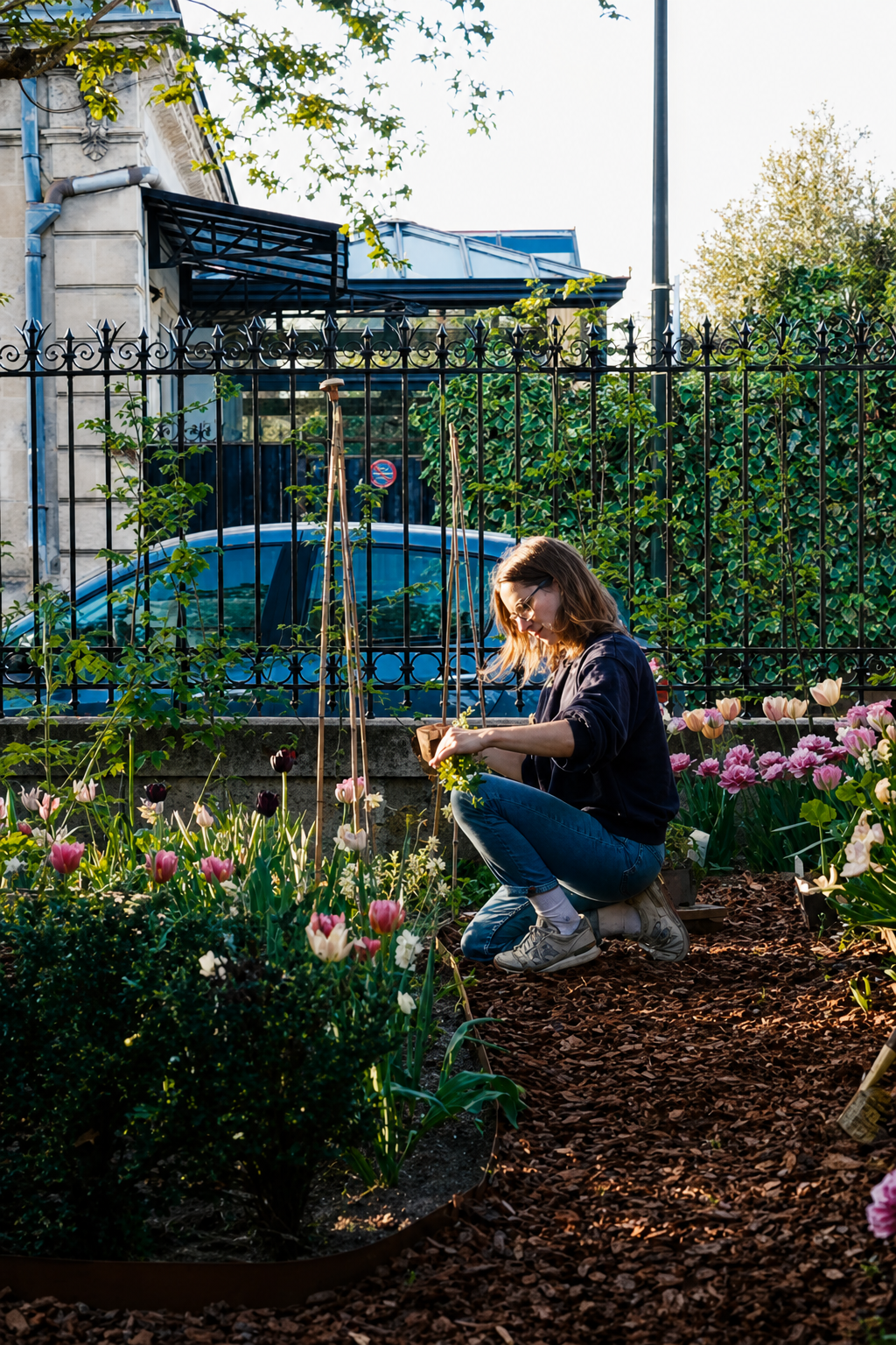 Romy crouched by the front bed among flowering tulips in low golden light
