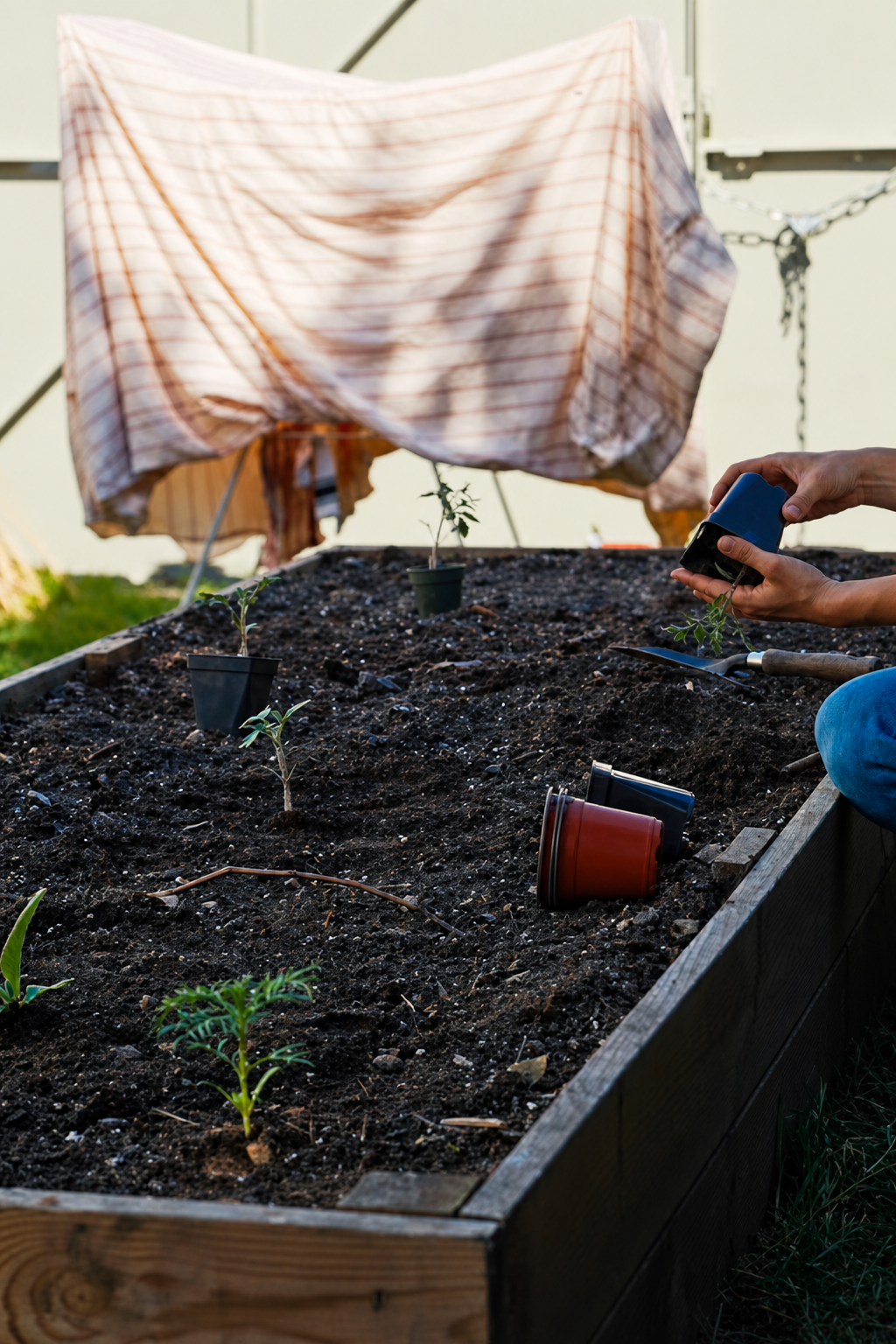 Hands potting young seedlings into a raised bed of dark soil, a striped sheet rigged for shade behind