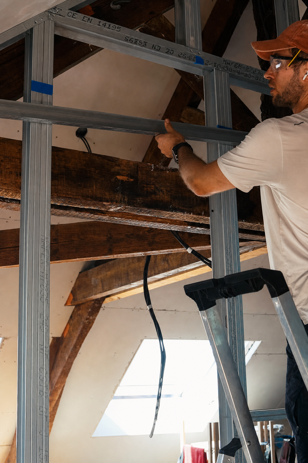 Hugo on a stepladder fitting a metal rail overhead between the old oak beams of the attic