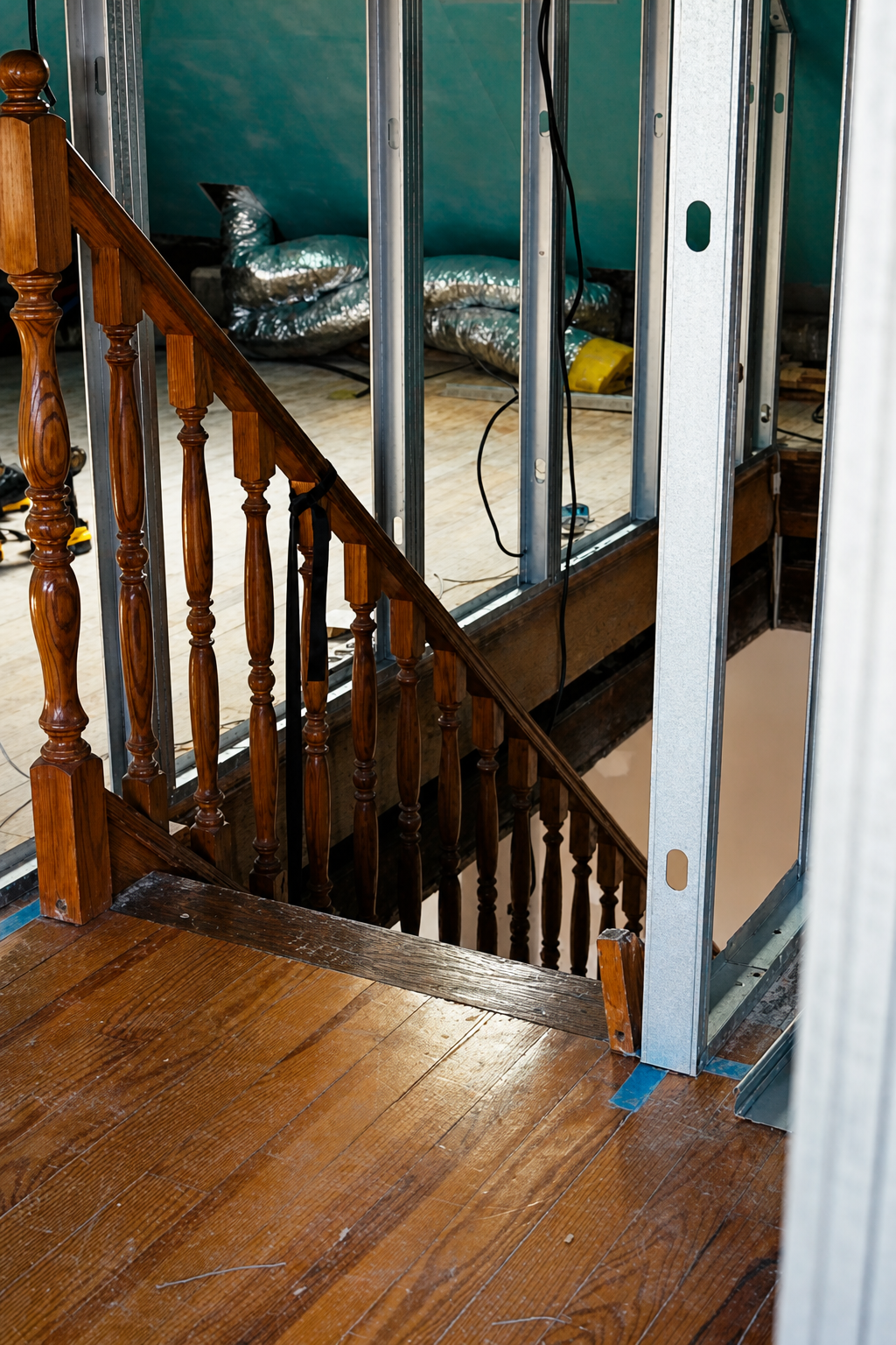 The original wooden staircase framed between new metal stud walls in the attic