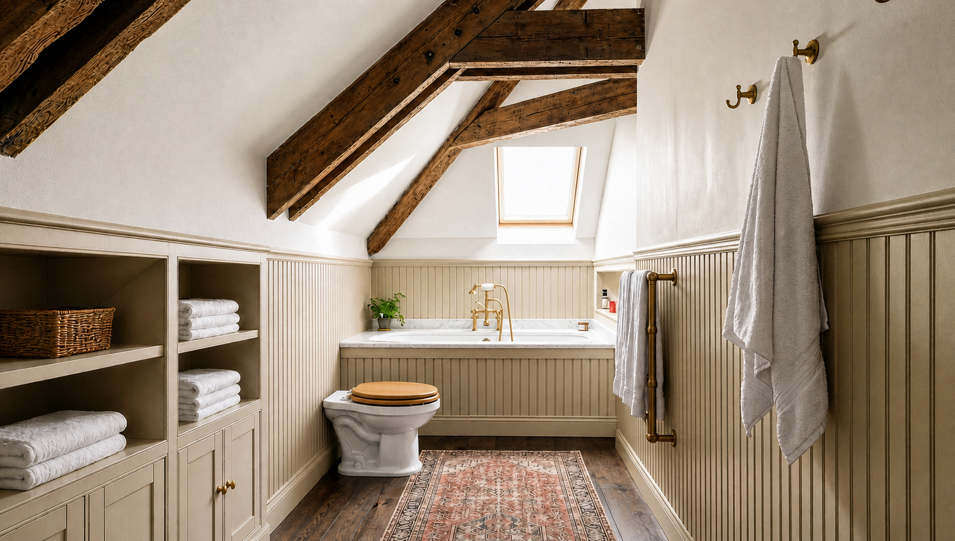 Concept illustration of the finished attic bathroom with exposed beams, bathtub and skylight