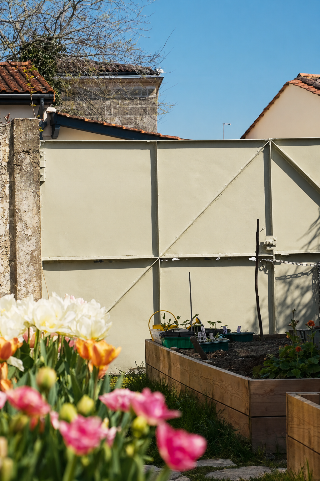 The garden gate freshly painted in Farrow and Ball French Gray behind tulips and a raised bed of seedlings