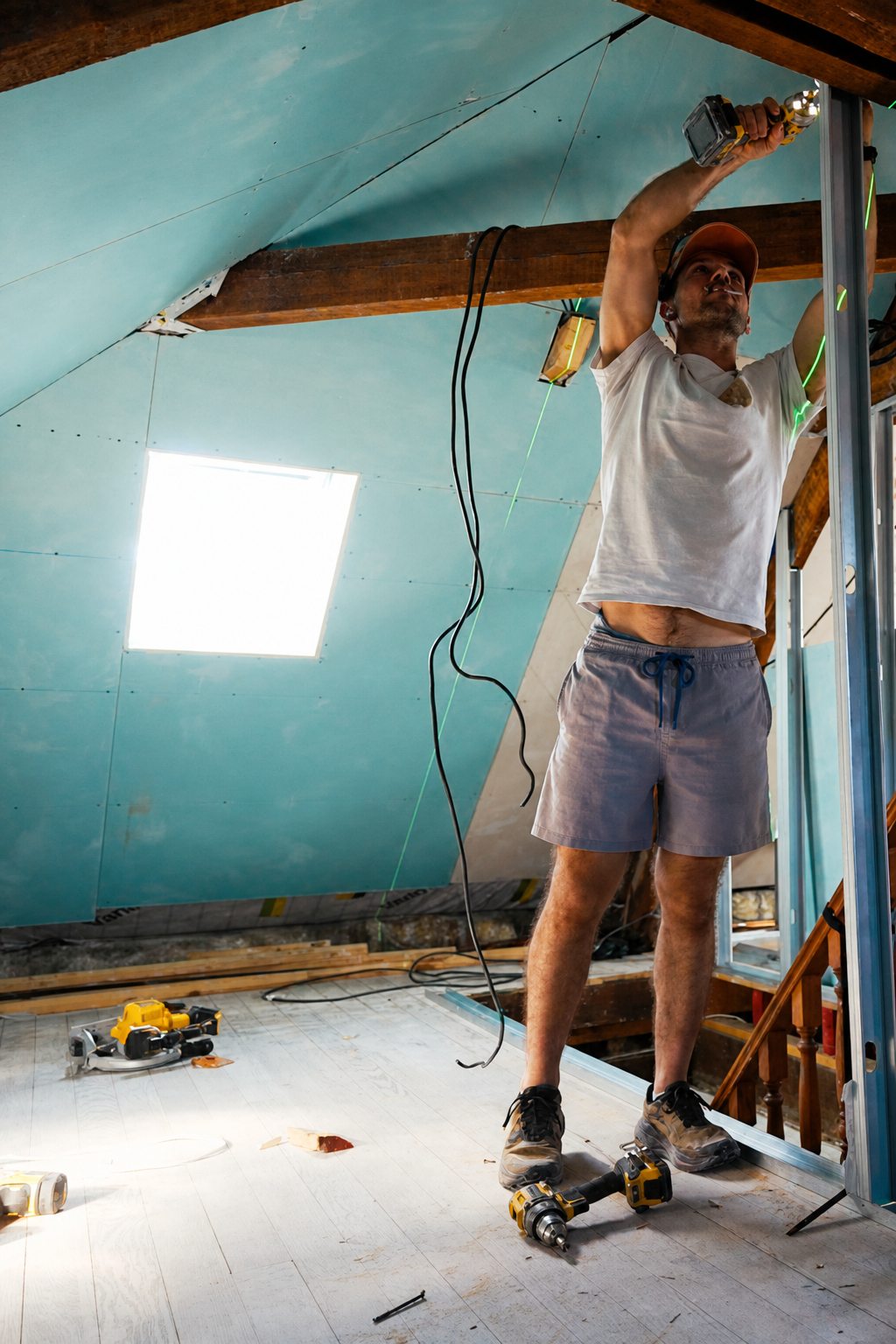 Hugo drilling the top rail of a metal stud wall overhead, skylight and sloping ceiling behind