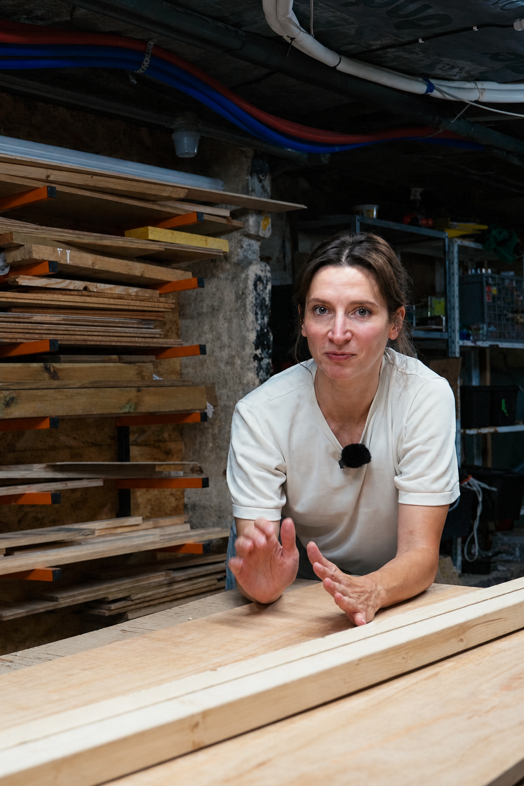 Romy leaning on a plank in the cellar workshop with stacked timber behind her