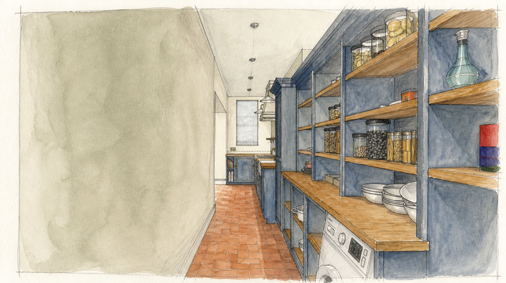 Watercolour perspective looking along the pantry corridor toward the kitchen, with open shelving and the worktop running down the right hand wall