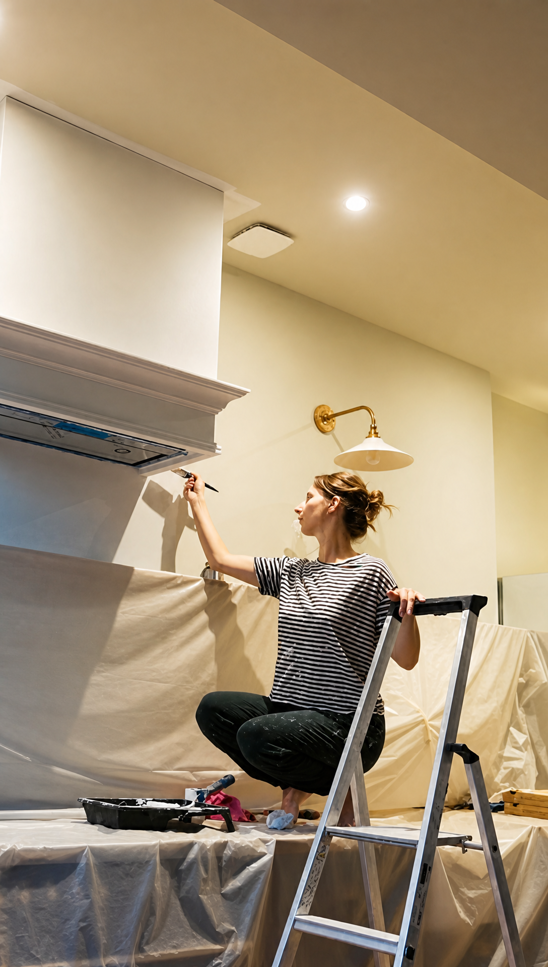 Romy crouched on the sheeted worktop with a brush, priming the crown moulding on the range hood beneath the brass wall lamp