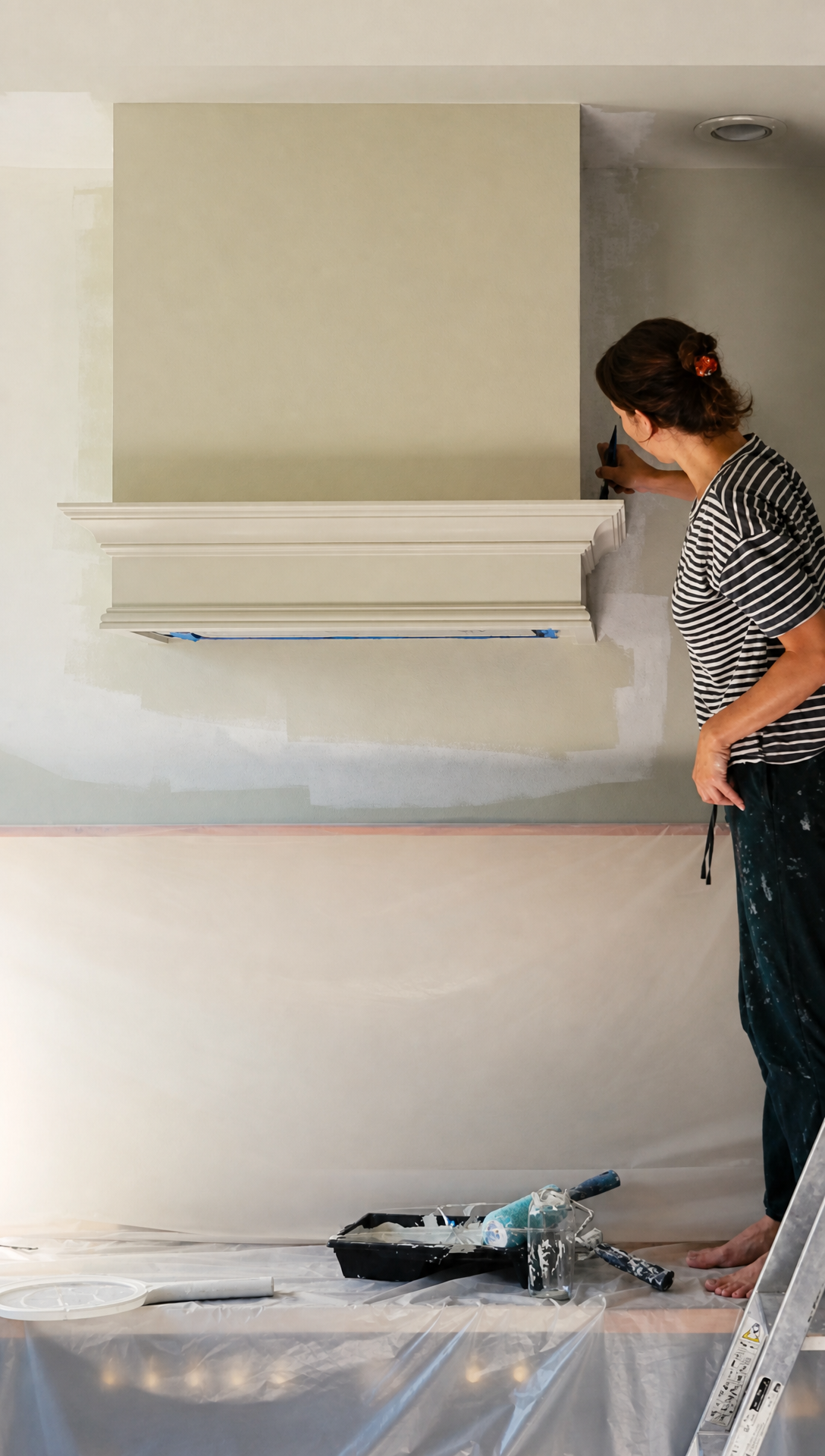 Romy standing back to look at the painted range hood, the lower half of the wall still unpainted