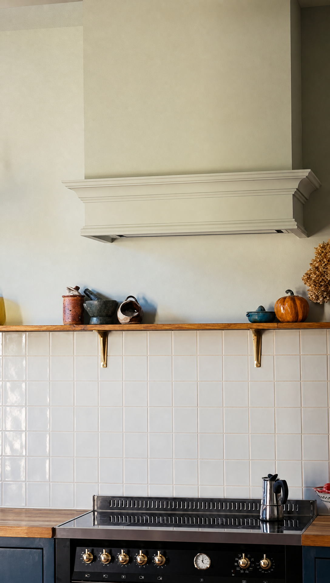 The finished range hood painted in the wall colour above the range cooker, with the wooden shelf and white tiled splashback below