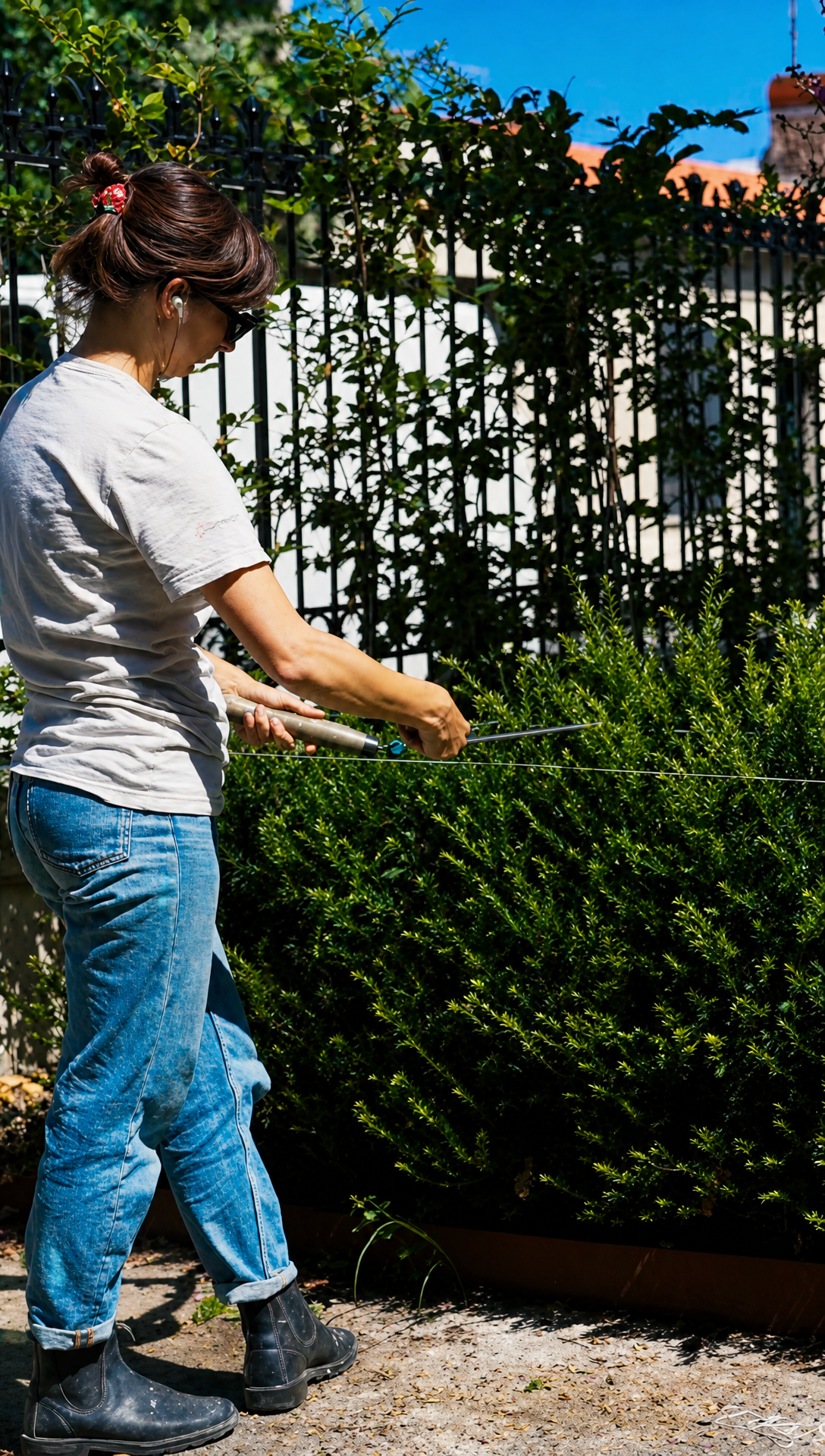 Romy trimming the top of a yew hedge with shears beside the black iron railings, in jeans and a white t-shirt