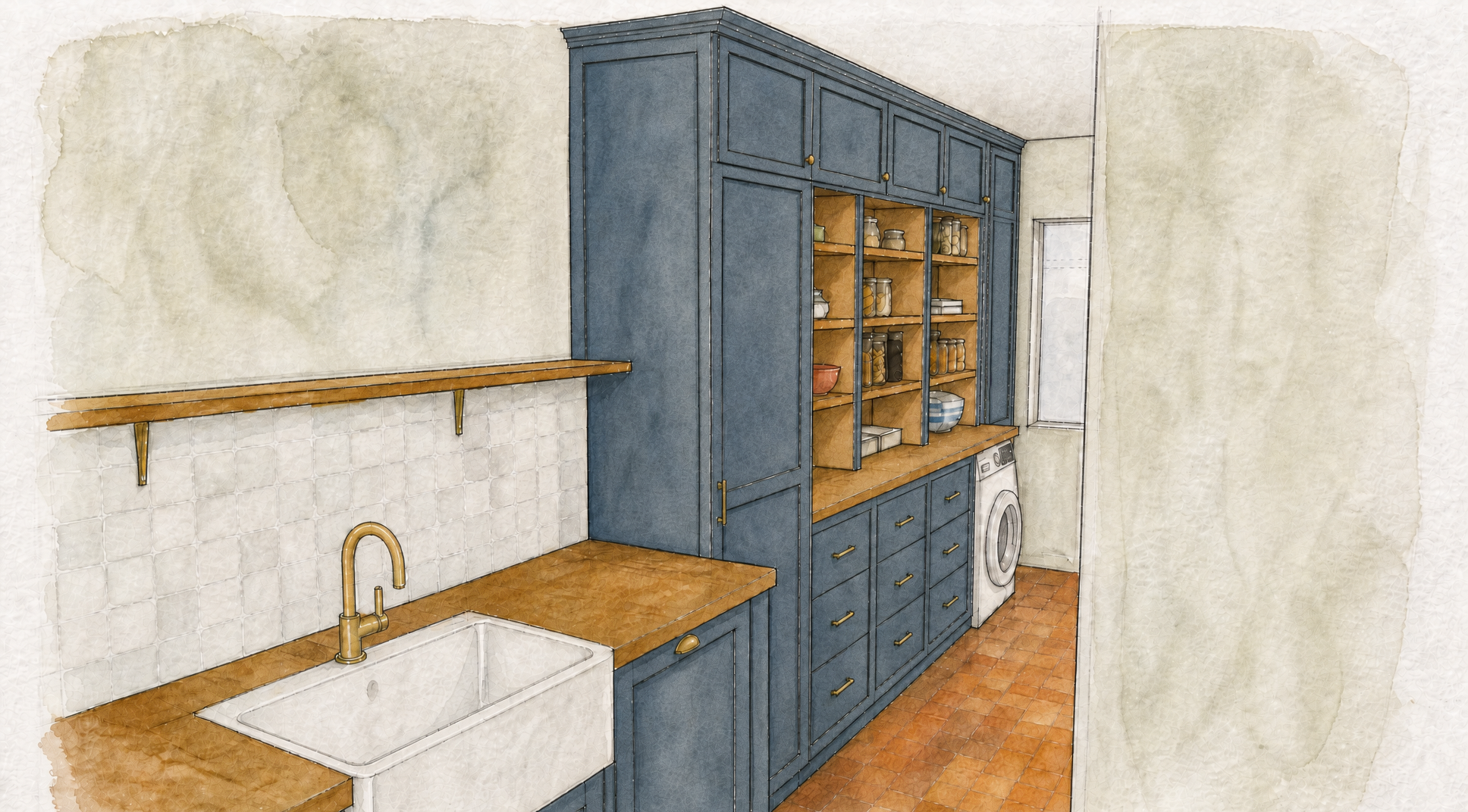 Watercolour perspective along the pantry corridor with the run of blue cabinets and oak shelving on the right and the window at the far end