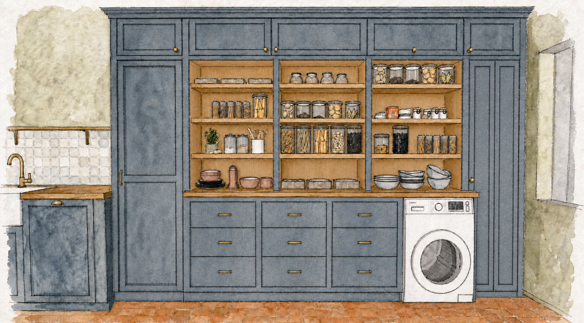Watercolour elevation of the final pantry design with blue cabinets to the ceiling, oak shelving interiors, deep drawers under the worktop and the washer dryer at one end