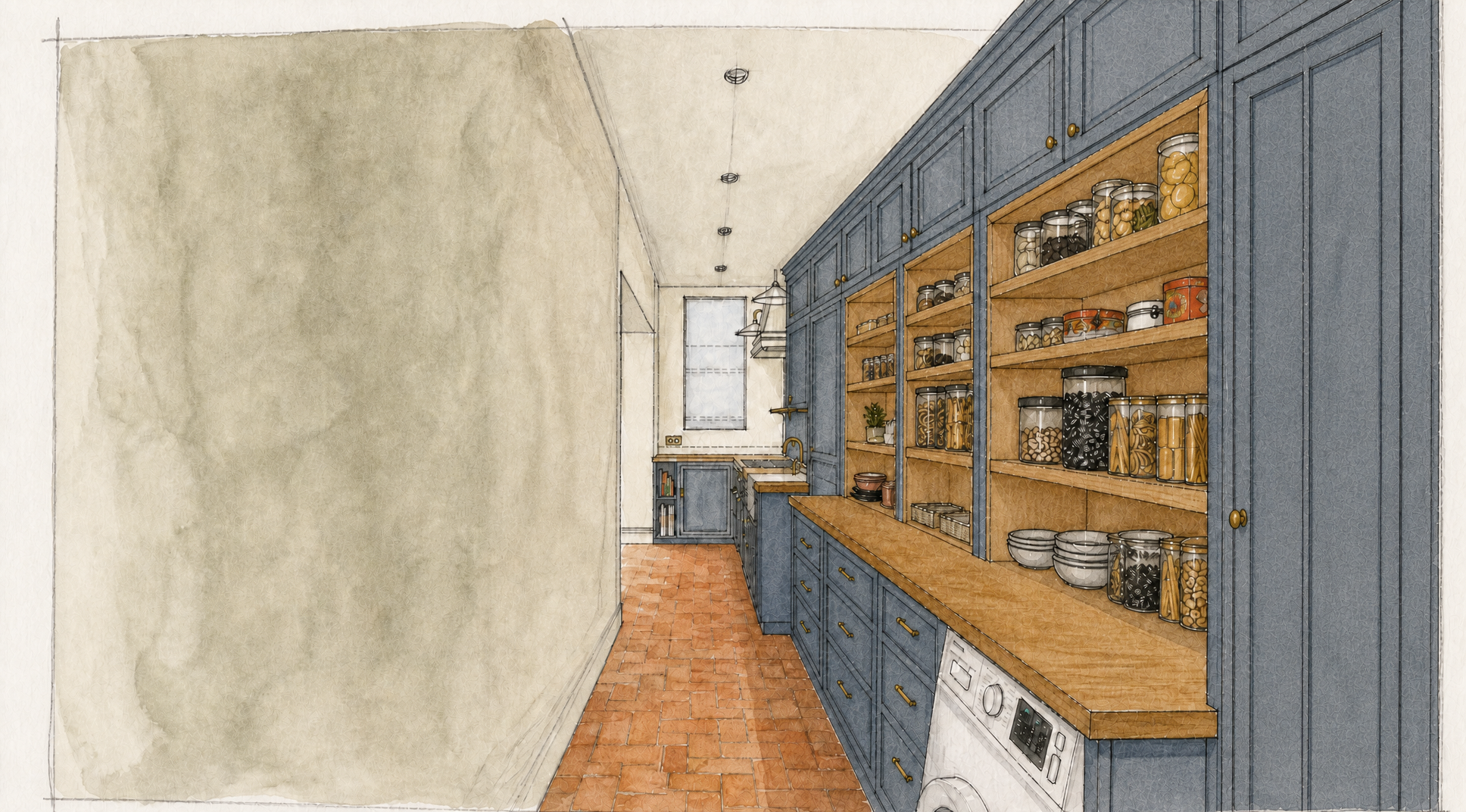 Watercolour perspective of the pantry from the sink end, looking along the worktop towards the tall blue cabinets and open oak shelving